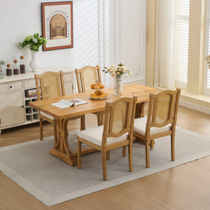 English Elm Full Solid Wood Rattan-Back Dining Chair With Comfortable Linen Cushion, Perfect For Rustic Spaces W1143P384364