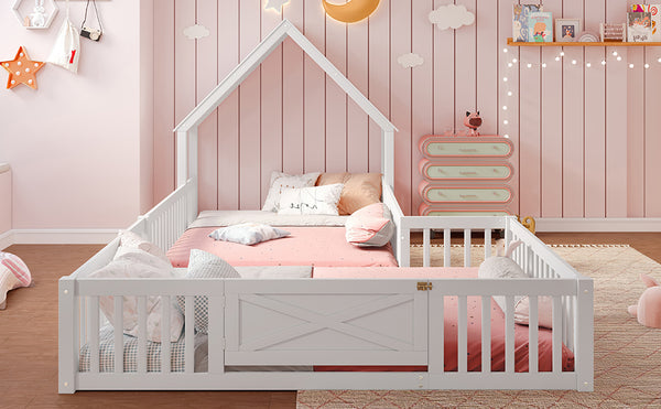 English Elm Full Full Size House Floor Bed with Door & Guardrails, Solid Wood Playful Design for Kids, Safe and Durable White W1580P327130