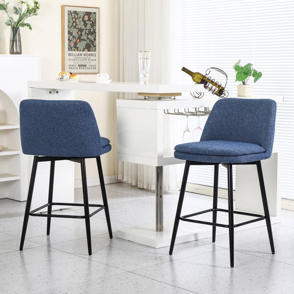 English Elm Counter Upholstered Swivel Bar Stools Set of 2 — Mid-Century Modern Comfort, 360° Rotation, Durable Metal Legs Blue W2200P233484