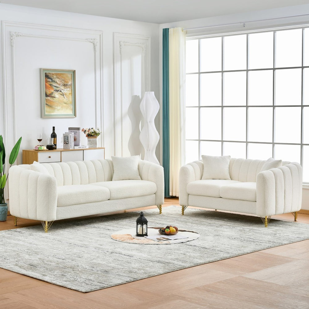 English Elm Oversized Chenille Three Seat Sofa Tufted Cushions Gold Legs Modern Glam Living Room W3373S00074