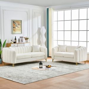English Elm Oversized Chenille Three Seat Sofa Tufted Cushions Gold Legs Modern Glam Living Room W3373S00074