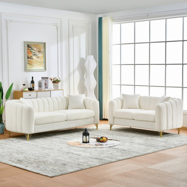 English Elm Oversized Chenille Three Seat Sofa Tufted Cushions Gold Legs Modern Glam Living Room W3373S00074