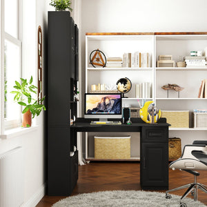 English Elm L-Shaped Corner Computer Desk with Hutch, Drawer & Shelves for Spacious Home Office Organization Black W331S00170