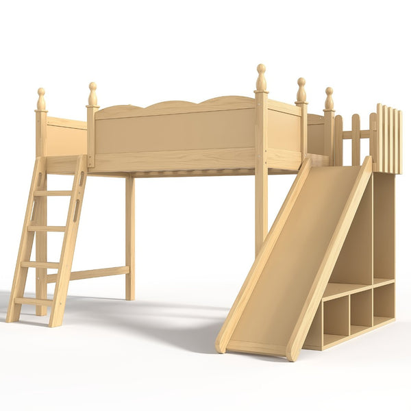 English Elm Twin Loft Bed Solid Pine Frame with Wardrobe Shelving Detachable Slide Kids Room Natural W5305S00017