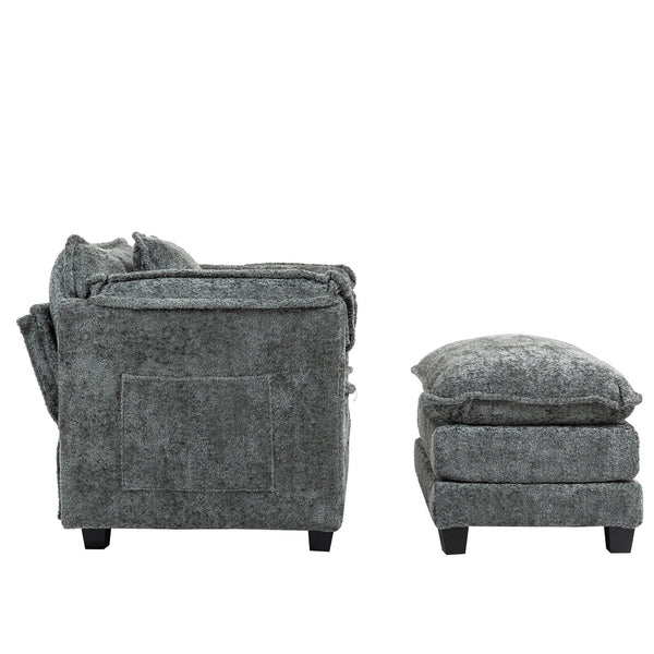 English Elm 55.32*39.76" Boucle Single Sofa with Ottoman, Wide Deep Cushion, Wrapped Arms, Storage Pockets, Cozy Contemporary Appeal DARK GREY W2715P269755