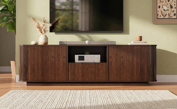 English Elm 70-inch Media Console with Sliding Groove Doors Solid Pine Legs and Cable Management N710P427899P