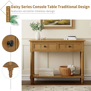 English Elm TREXM Daisy Series Console Table with Two Drawers and Bottom Shelf Vintage-Inspired Pine Accent Piece Natural N715P364059N