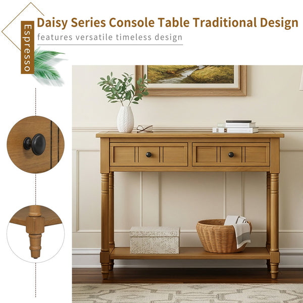 English Elm TREXM Daisy Series Console Table with Two Drawers and Bottom Shelf Vintage-Inspired Pine Accent Piece Natural N715P364059N