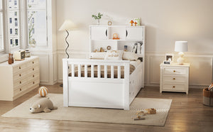 English Elm Twin Captain Platform Bed with Bookcase Headboard Four Drawers Pine Mdf Frame White GX001828AAK-1