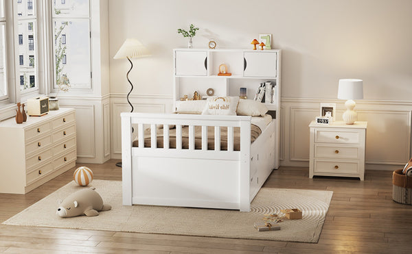 English Elm Twin Captain Platform Bed with Bookcase Headboard Four Drawers Pine Mdf Frame White GX001828AAK-1