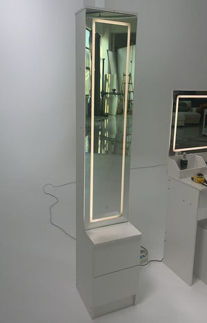 English Elm Length Floor Standing Vanity Mirror Cabinet with Led Lighting Jewelry Cosmetic Storage White W3258P453345