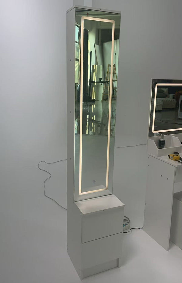 English Elm Length Floor Standing Vanity Mirror Cabinet with Led Lighting Jewelry Cosmetic Storage White W3258P453345