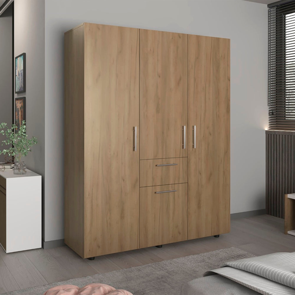 English Elm Bariloche Freestanding Oak Armoire with Four Doors Seven Shelves and Hanging Storage B070S00361