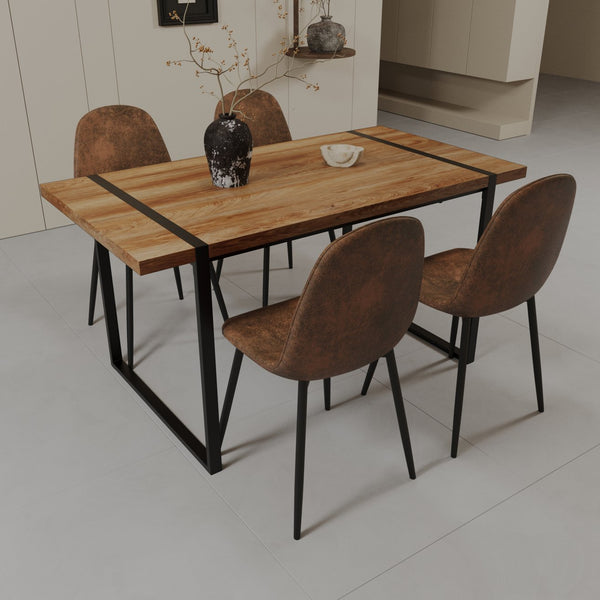 English Elm 59" Natural Wood Dining Table Set With 3 Modern Suede Chairs - Industrial Farmhouse Style, Durable Design W2189S00625