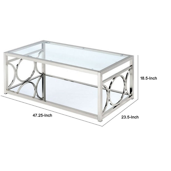 English Elm Paire Rectangular Glass Top Coffee Table with Mirrored Shelf and Silver Metal Frame B056P416836