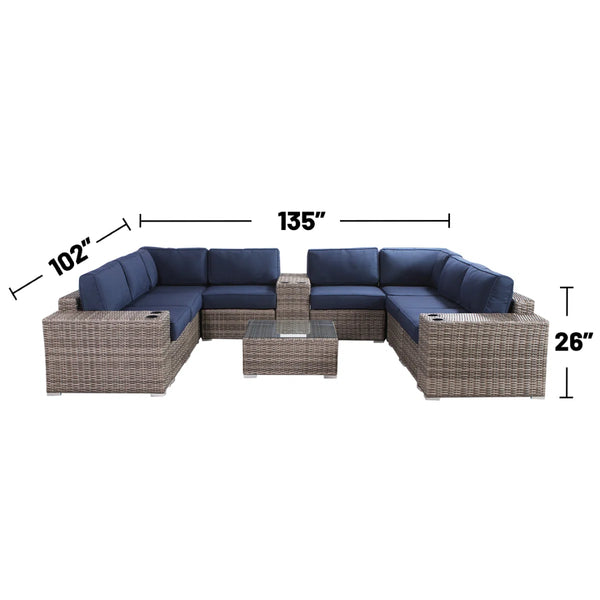 English Elm Fully Assembled Outdoor Wicker Sectional Sunbrella Cushions Aluminum Frame Seats Six B120S00277