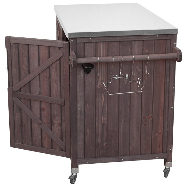 English Elm K&k Rolling Outdoor Kitchen Island Solid Fir Wood Stainless Steel Top Storage Cabinet Dark Brown N707P370287Z