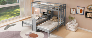 English Elm Twin Triple Bunk Bed with Built in Desk Open Shelving and Led Task Lighting Gray N7090002243E