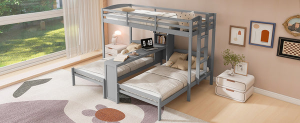 English Elm Twin Triple Bunk Bed with Built in Desk Open Shelving and Led Task Lighting Gray N7090002243E
