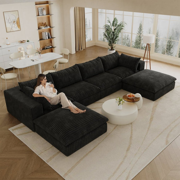 English Elm 157.6" Corduroy Modular Cloud Sofa Feather Fill Deep Lounge Seating for Living Room Black W2824S00184