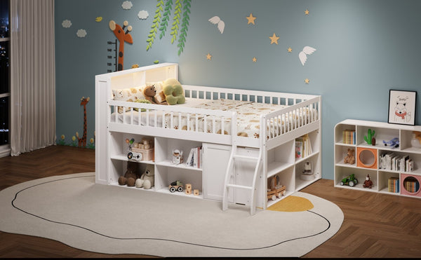English Elm Queen Loft Bed with Open Shelving Built-in Led Light White Wood Frame N7090005025K