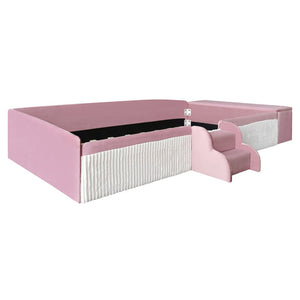 English Elm Twin Velvet Kids Daybed with Built-in Stairs Padded Guardrails and Gas Lift Storage Pink+White SF000201AAH