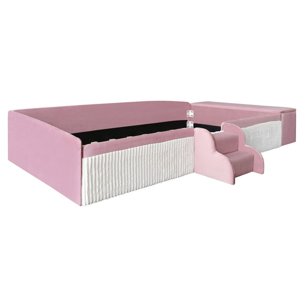 English Elm Twin Velvet Kids Daybed with Built-in Stairs Padded Guardrails and Gas Lift Storage Pink+White SF000201AAH