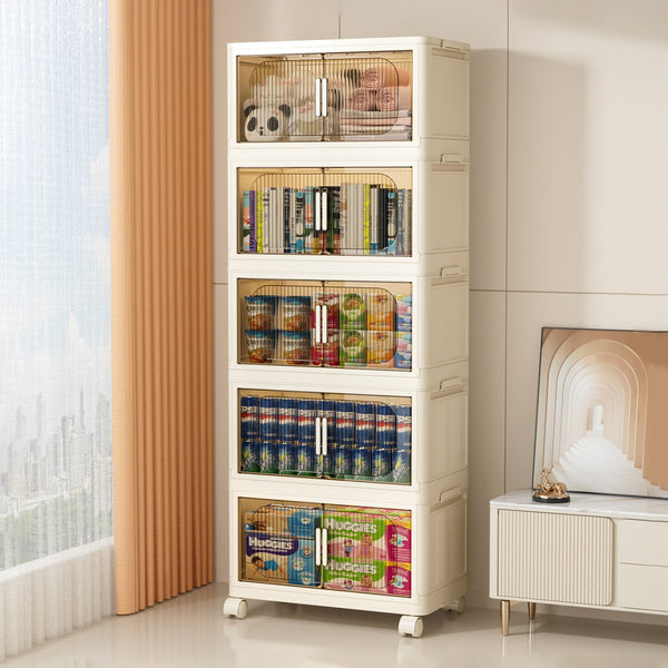 English Elm 19.69" Side Wide Folding Storage Cabinet - 5-Tier Organizer With Magnetic Door & Wheels For Easy Use W2873P207557