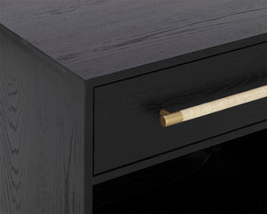 Sunpan Tarrant Nightstand – Elegant Black Oak with Raffia Handles and Modern Curves for Stylish Storage Solutions