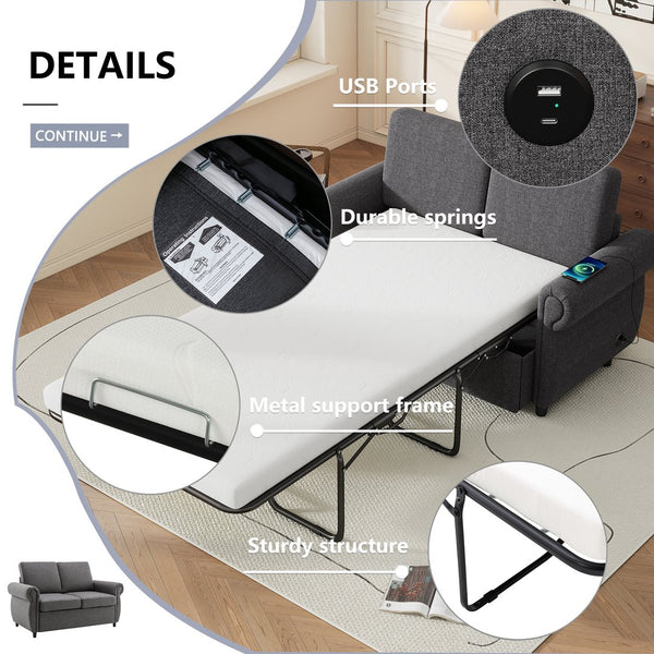 English Elm 57.9" Orisfur Pull Out Sofa Bed Loveseat Sleeper with Twin Memory Mattress, Linen Upholstery, USB Ports Grey N719P210624E