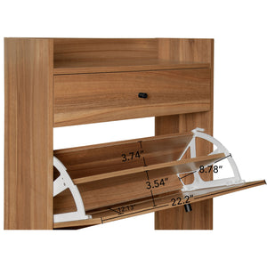 English Elm Rattan, Engineered Rattan 2-Door 1-Drawer Shoe Cabinet with Double Shelves and Pine Wood Feet Durable Finish Walnut W688141533