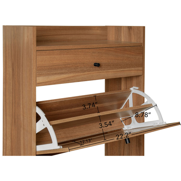 English Elm Rattan, Engineered Rattan 2-Door 1-Drawer Shoe Cabinet with Double Shelves and Pine Wood Feet Durable Finish Walnut W688141533