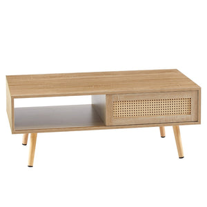 English Elm 41.34" Woven Rattan Coffee Table with Sliding Storage Door and Solid Wood Legs W126573113