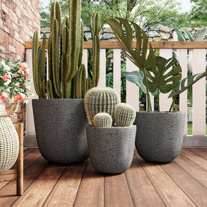 English Elm U_style Mgo Round Planters Set of Three Crackle Stone Texture Patio Garden Pots Gray N711P406660E