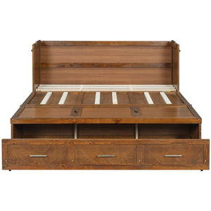 English Elm Queen Murphy Cabinet Bed Pine Wood Geometric Panels Usb Charging Guest Room Storage W504S00303