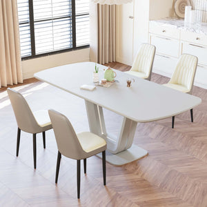 English Elm 62.99-78.74" Extendable Dining Set with 4 Pu Leather Chairs Seats up to Eight Beige+Grey W2189S00860