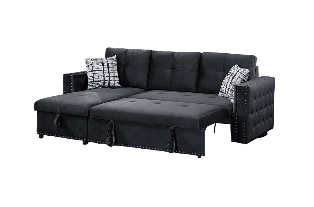 English Elm Black Velvet Convertible Sectional Sofa with Pull-Out Bed, Reversible Storage Chaise, Tufted Elegance B011S01023