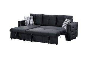 English Elm Black Velvet Convertible Sectional Sofa with Pull-Out Bed, Reversible Storage Chaise, Tufted Elegance B011S01023