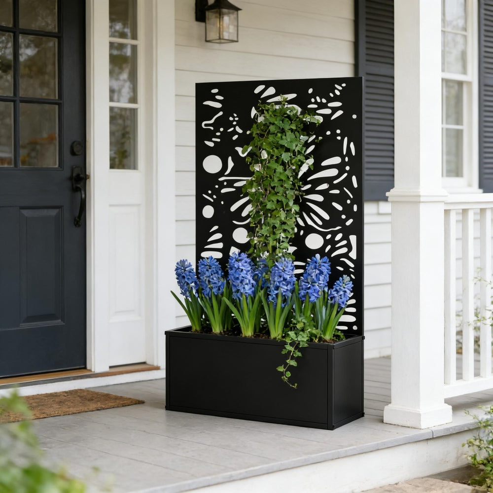 English Elm Freestanding Metal Raised Garden Bed with Leaf Trellis Panel for Patios and Balconies T3971P455199