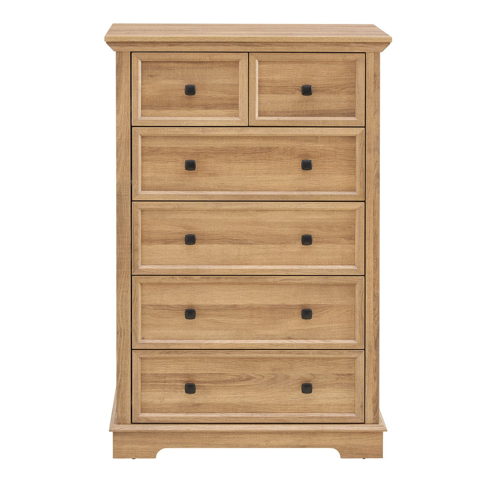 English Elm 6 Drawer Dresser Oak Finish Tall Chest with Silent Metal Rails, Modern Handles, Spacious Storage W2275P206605
