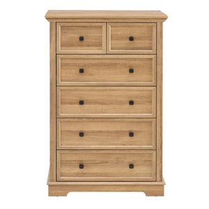 English Elm 6 Drawer Dresser Oak Finish Tall Chest with Silent Metal Rails, Modern Handles, Spacious Storage W2275P206605