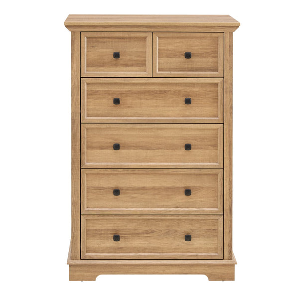 English Elm 6 Drawer Dresser Oak Finish Tall Chest with Silent Metal Rails, Modern Handles, Spacious Storage W2275P206605