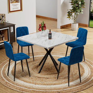 English Elm Square MDF Dining Set for 4 with Faux Marble Top, Mid-Century Modern Iron Legs, Easy-Clean Surface White+Blue W578S00022