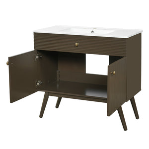 English Elm 36" Freestanding Bathroom Vanity Striped Mdf Cabinet Brass Hardware Ceramic Basin N765P387198D