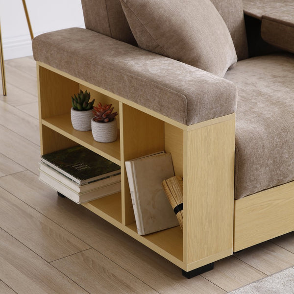 English Elm Convertible Sleeper Sofa with Reversible Armrest, Storage Ottoman, Drop-Down Table & Dual Cup Holders for Living Room Comfort Light Brown W2677S00024