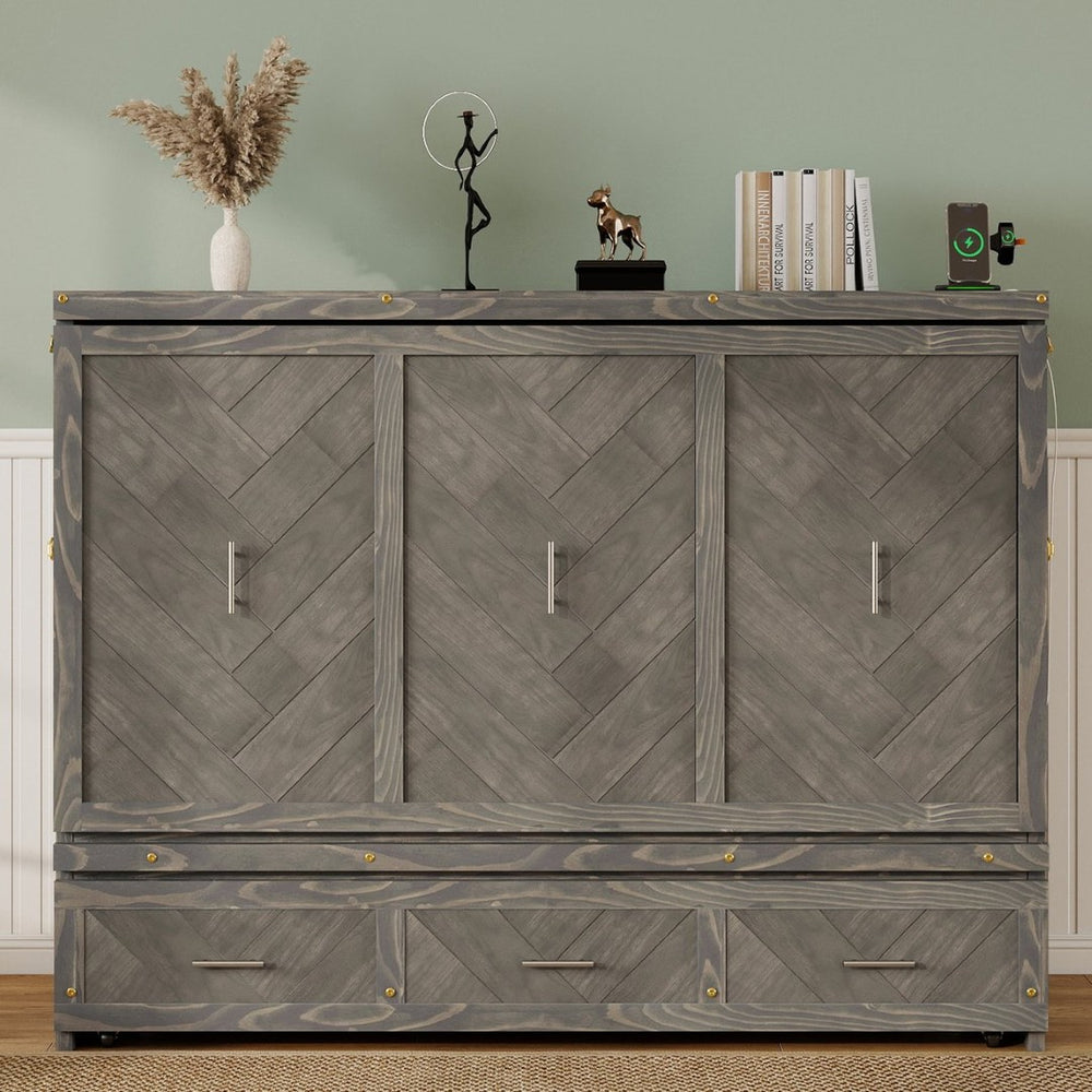 English Elm Queen Murphy Cabinet Bed Pine Wood Geometric Panel Antique Grey with Usb Charging W504S00302