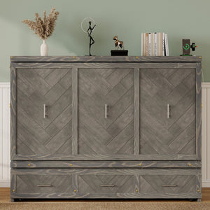 English Elm Queen Murphy Cabinet Bed Pine Wood Geometric Panel Antique Grey with Usb Charging W504S00302