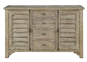 English Elm Wallace & Bay - Taupe Louvred Door Buffet Cabinet with Rustic Sandstone Finish, Easy-Care Wood Storage, 68"W x 42"H B361P384466