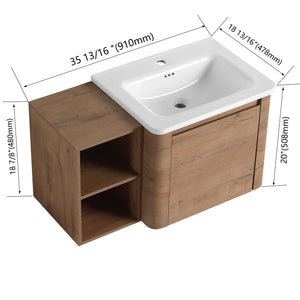 English Elm 36'' 36" Wall-Mounted Vanity with White Ceramic Sink, Plywood Shelves, Soft-Close Door & Rounded Edges W999S00379