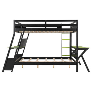 English Elm Full Size Gaming Bunk Bed with Dual Desks Usb Charging Ports and Pegboard Storage Green LT000274AAG